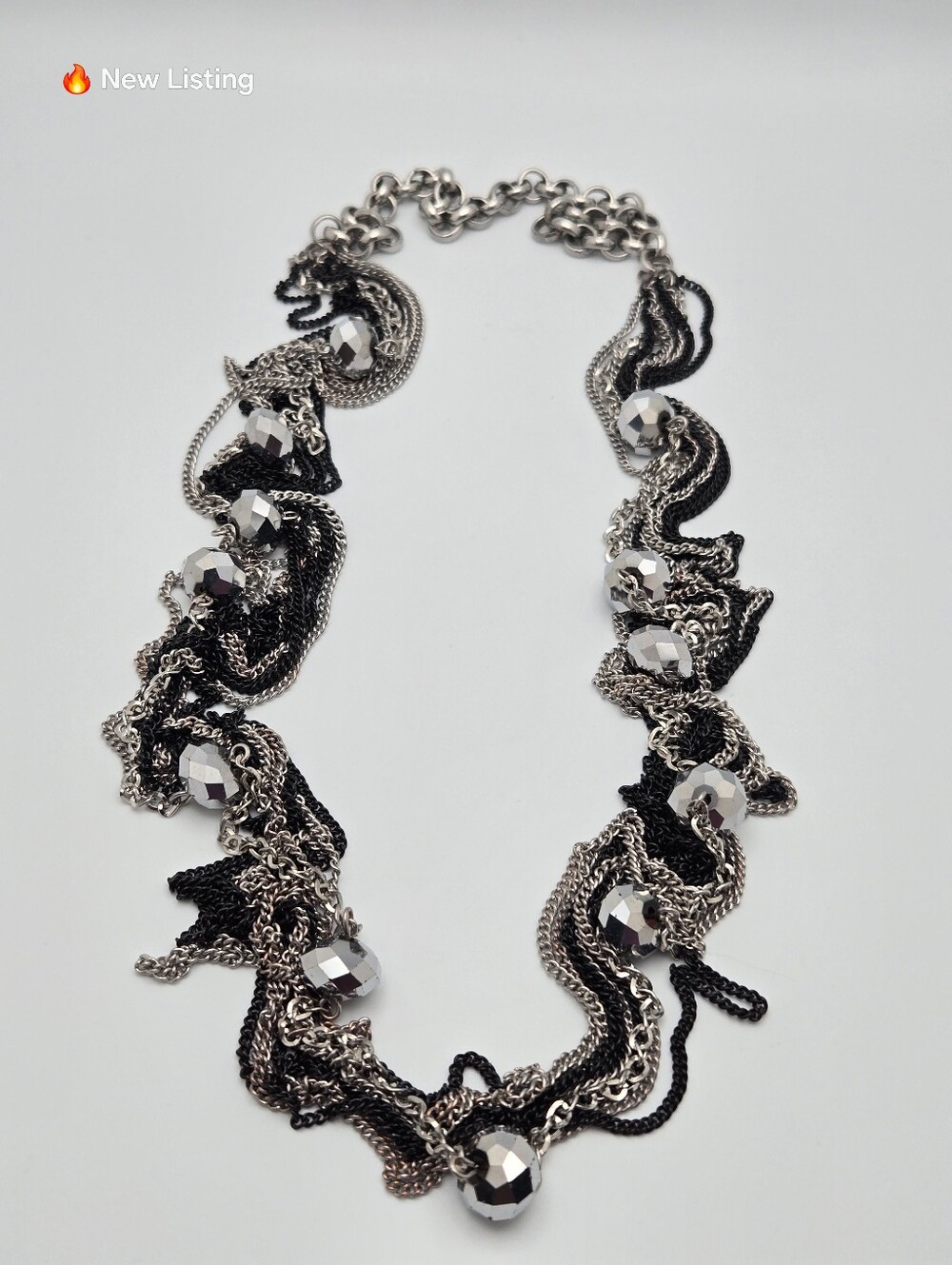 Chunky Multi Layer Statement Necklace Silver Black Chain Orb Charms 44"